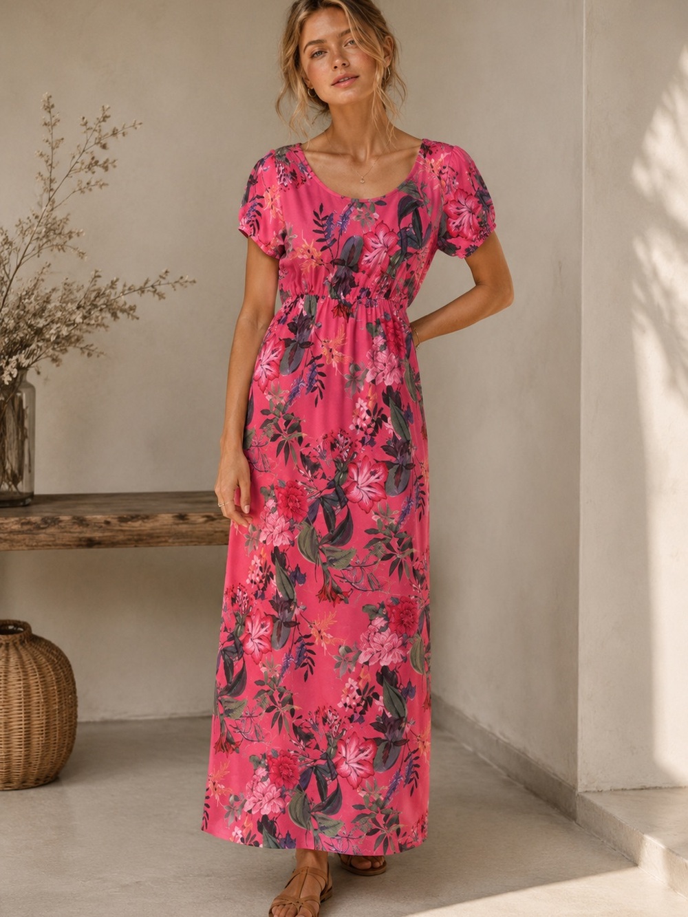 Marisa & Marie 100% linen puff sleeve maxi dress floral size small NWT